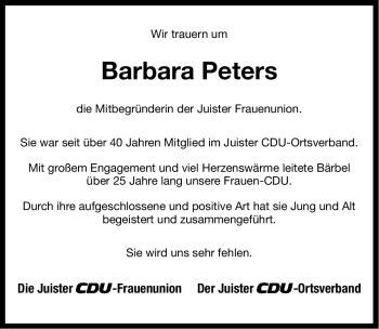 Traueranzeige von Barbara Peters von Ostfriesischer Kurier