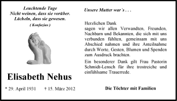 Traueranzeige von Elisabeth Nehus von Ostfriesischer Kurier