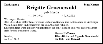 Traueranzeige von Brigitte Groenewold von Ostfriesischer Kurier