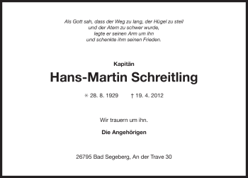 Traueranzeige von Hans-Martin Schreitling von Ostfriesischer Kurier