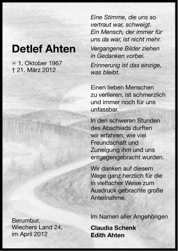 Traueranzeige von Detlef Ahten von Ostfriesischer Kurier