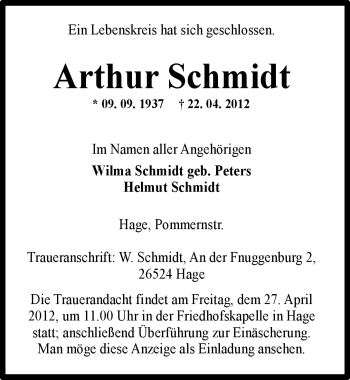 Traueranzeige von Arthur Schmidt von Ostfriesischer Kurier