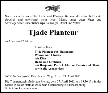Traueranzeige von Tjade Planteur von Ostfriesischer Kurier