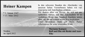 Traueranzeige von Heiner Kampen von Ostfriesischer Kurier
