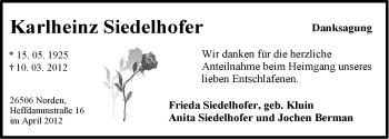 Traueranzeige von Karlheinz Siedelhofer von Ostfriesischer Kurier