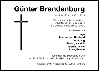 Traueranzeige von Günter Brandenburg von Ostfriesischer Kurier