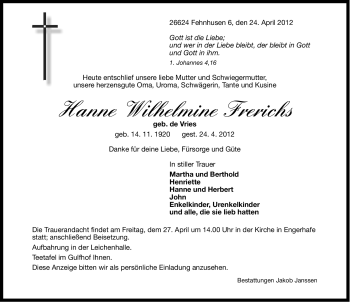 Traueranzeige von Hanne Wilhelmine Frerichs von Ostfriesischer Kurier