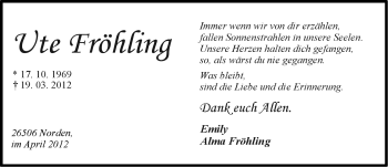 Traueranzeige von Ute Fröhling von Ostfriesischer Kurier