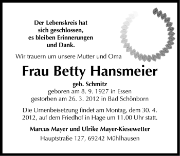 Traueranzeige von Betty Hansmeier von Ostfriesischer Kurier