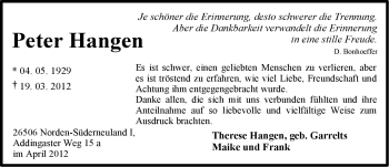 Traueranzeige von Peter Hangen von Ostfriesischer Kurier