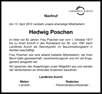 Traueranzeige von Hedwig Poschen von Ostfriesischer Kurier