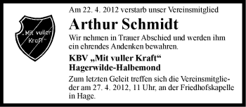 Traueranzeige von Arthur Schmidt von Ostfriesischer Kurier