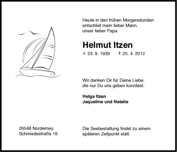Traueranzeige von Helmut Itzen von Ostfriesischer Kurier