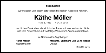 Traueranzeige von Käthe Möller von Ostfriesischer Kurier