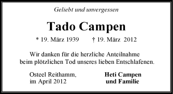 Traueranzeige von Tado Campen von Ostfriesischer Kurier