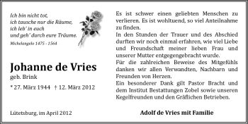 Traueranzeige von Johanne de Vries von Ostfriesischer Kurier