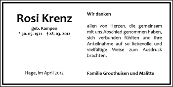 Traueranzeige von Rosi Krenz von Ostfriesischer Kurier