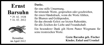 Traueranzeige von Ernst Barsuhn von Ostfriesischer Kurier