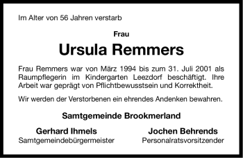 Traueranzeige von Ursula Remmers von Ostfriesischer Kurier