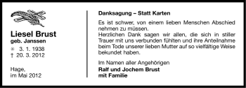 Traueranzeige von Liesel Brust von Ostfriesischer Kurier