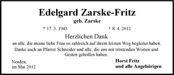 Traueranzeige von Edelgard Zarske-Fritz von Ostfriesischer Kurier