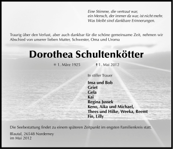 Traueranzeige von Dorothea Schultenkötter von Ostfriesischer Kurier