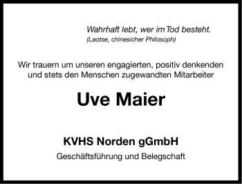 Traueranzeige von Uve Maier von Ostfriesischer Kurier