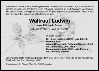 Traueranzeige von Waltraud Ludwig von Ostfriesischer Kurier