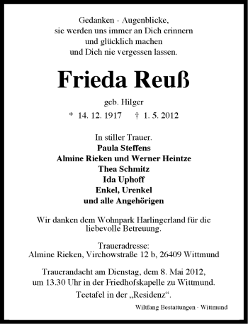 Traueranzeige von Frieda Reuß von Ostfriesischer Kurier