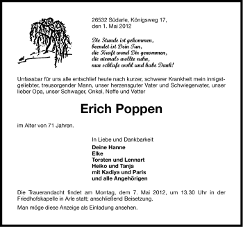 Traueranzeige von Erich Poppen von Ostfriesischer Kurier