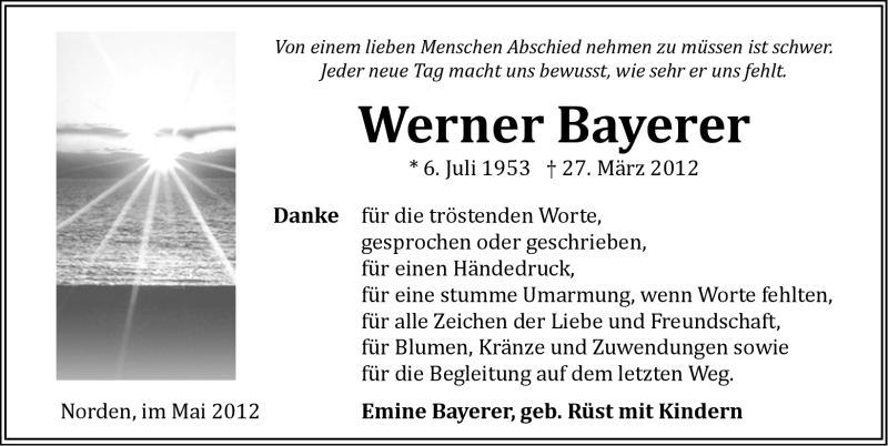  Traueranzeige für Werner Bayerer vom 05.05.2012 aus Ostfriesischer Kurier