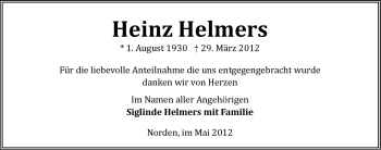 Traueranzeige von Heinz Helmers von Ostfriesischer Kurier