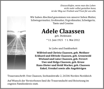 Traueranzeige von Adele Claassen von Ostfriesischer Kurier