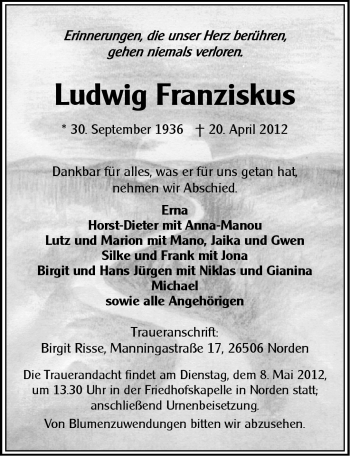 Traueranzeige von Ludwig Franziskus von Ostfriesischer Kurier
