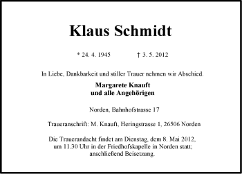 Traueranzeige von Klaus Schmidt von Ostfriesischer Kurier