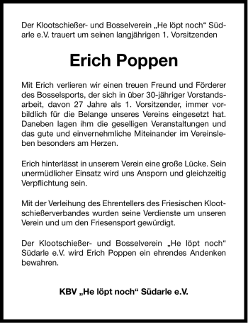 Traueranzeige von Erich Poppen von Ostfriesischer Kurier