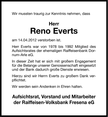 Traueranzeige von Reno Everts von Ostfriesischer Kurier