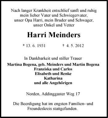Traueranzeige von Harri Meinders von Ostfriesischer Kurier