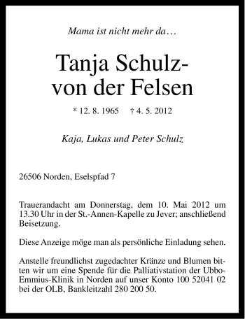 Traueranzeige von Tanja Schulz-von der Felsen von Ostfriesischer Kurier