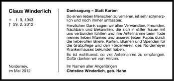 Traueranzeige von Claus Winderlich von Ostfriesischer Kurier
