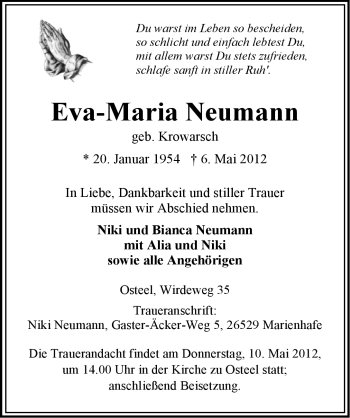 Traueranzeige von Eva-Maria Neumann von Ostfriesischer Kurier
