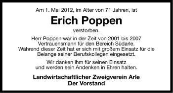 Traueranzeige von Erich Poppen von Ostfriesischer Kurier