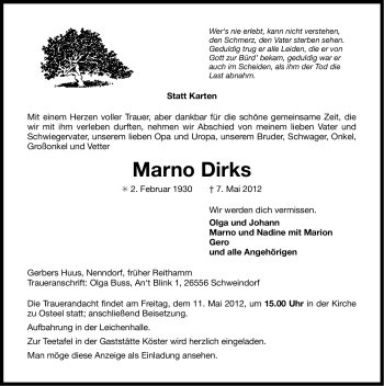 Traueranzeige von Marno Dirks von Ostfriesischer Kurier