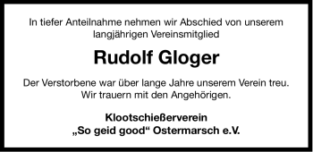 Traueranzeige von Rudolf Gloger von Ostfriesischer Kurier