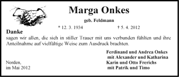 Traueranzeige von Marga Onkes von Ostfriesischer Kurier