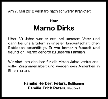 Traueranzeige von Marno Dirks von Ostfriesischer Kurier