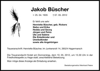 Traueranzeige von Jakob Büscher von Ostfriesischer Kurier