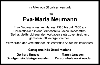 Traueranzeige von Eva-Maria Neumann von Ostfriesischer Kurier