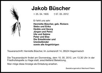 Traueranzeige von Jakob Büscher von Ostfriesischer Kurier