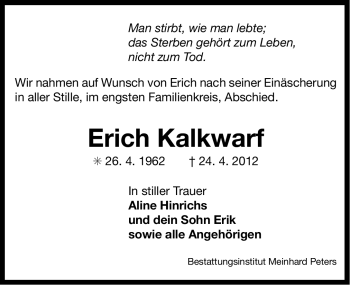 Traueranzeige von Erich Kalkwarf von Ostfriesischer Kurier